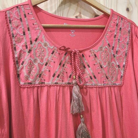 Roamans Embroidered Tassle Tunic Top Size Beachy Boho Hippie Relaxed Fit 14/16 - Picture 2 of 10